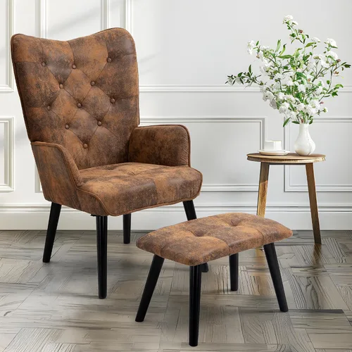 ECOTOUGE Silla decorativa rústica con otomana, silla de respaldo de ala de microfibra alta con brazos, silla de lectura para sala de estar,