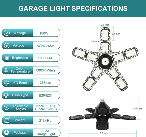 Miniatura 7 de Nexillumi - Paquete de 2 lámparas LED de garaje de 180 W, 36000 lm, luces LED de techo para garaje con base media E26/E27, 6000 K de iluminación