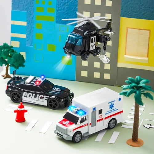 Miniatura 8 de JOYIN Camión de juguete para niños de 3, 4, 5, 6, 7 años, juego de vehículos de policía, juego de vehículos de emergencia, automóvil alimentado por