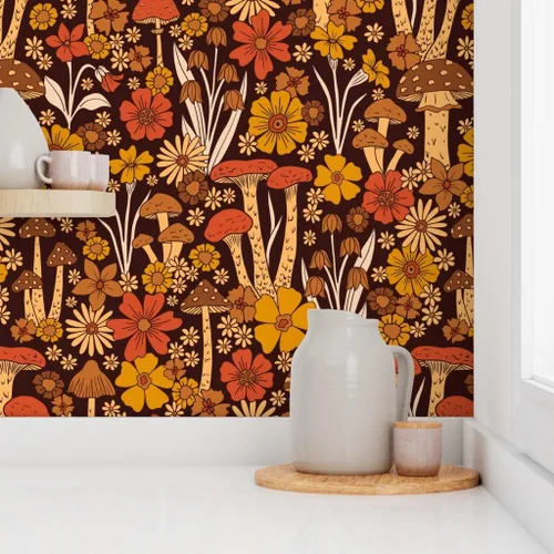 Miniatura 8 de Spoonflower Papel tapiz de despegar y pegar - flor de estilo vintage, retro floral, hippie de los años 70, hongo de los años 70, marrón naranja