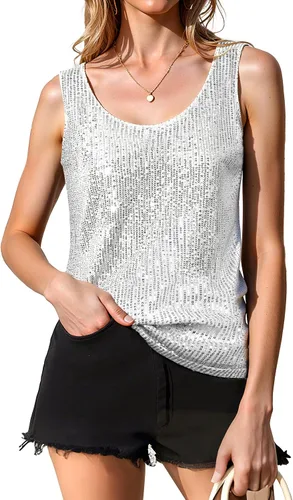 Miniatura 5 de Tops de Lentejuelas para Mujeres Sin Mangas Cuello Pronunciado Brillantes con Destellos Camisetas Sin Mangas Sexy para Fiestas Camiseta Base Sin