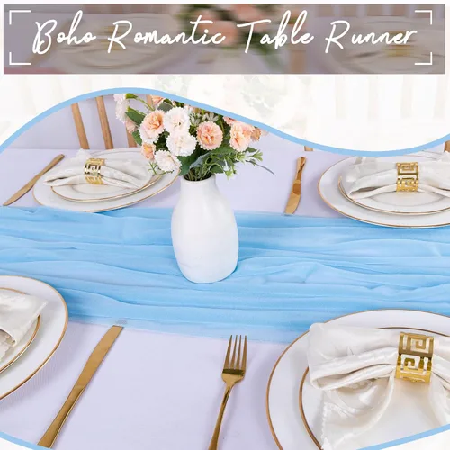Miniatura 3 de Camino de mesa de gasa azul bebé de 30 x 120 pulgadas, camino de mesa boho de gasa de 10 pies para decoración de boda, camino de mesa rústico de 120