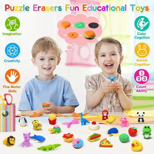 Miniatura 4 de 80 piezas de mini borradores de animales para niños, juguetes pequeños a granel, mascotas de escritorio 3D lindas, juguetes de caja del tesoro