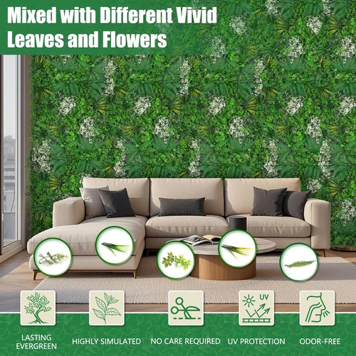 Miniatura 3 de Paneles de pared de césped de 20 x 20 pulgadas, 16 piezas de fondo de vegetación artificial con hojas resistentes a los rayos UV, decoración