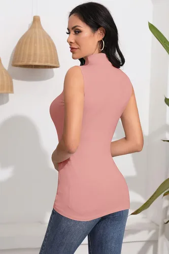 Miniatura 4 de SHEIUGU Camiseta de manga larga para mujer, sin mangas, cuello alto, básica, elástica, ajustada, ropa