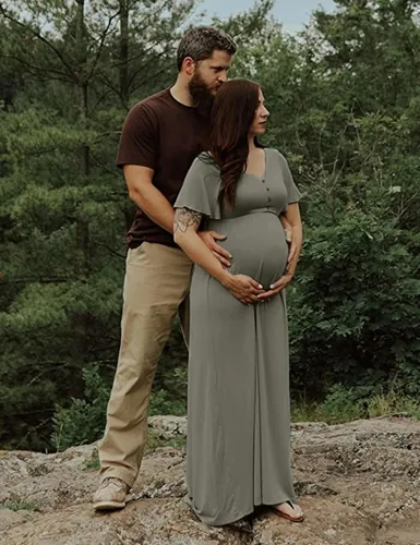 Miniatura 3 de Peauty Vestidos de maternidad de otoño para mujer, vestido de sesión de fotos de maternidad con botón decorativo, vestido de baby shower