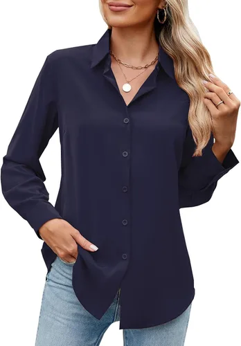Camisa de manga larga con botones para mujer, ultra suave, elástica, sin arrugas, para trabajo, casual, negocios, oficina