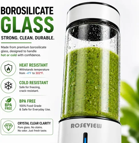 Batidora portátil para batidos ROSEVIEW Botella de vidrio recargable por USB, mini batidos de hielo de mano, exprimidor de 2 mezclas Inalámbrico