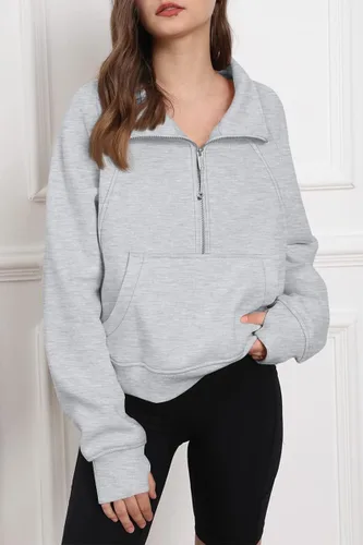 Miniatura 2 de Trendy Queen Sudadera corta con cremallera media para mujer, sudadera con capucha de forro polar con cremallera de un cuarto, suéter de invierno