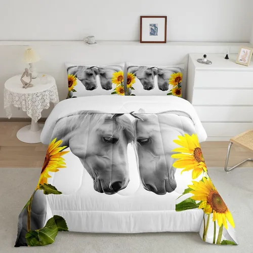 Miniatura 21 de Manfei - Juego de edredón de tamaño Queen con lindo diseño de perezoso, juego de colcha con flores amarillas con 2 fundas de almohada, juego de ropa