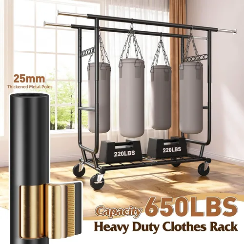 Miniatura 4 de Raybee Perchero de Ropa Carga 630LBS, Perchero de Ropa Resistente, Percheros Rodantes de Ropa para Colgar Ropa con Ruedas, Perchero de Ropa Negro