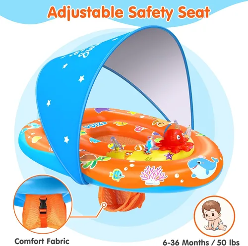 Miniatura 5 de EZIGO Baby Pool Float with Canopy UPF 50+ Sun Protection, Double Air Chambers Infants Swimming Floats with Sound Toys Adjustable Safety Seat Toddler