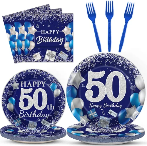 96 piezas de suministros para fiesta de cumpleaños número 50: platos azul marino y plateado, servilletas, tenedores y decoraciones de mesa para 24