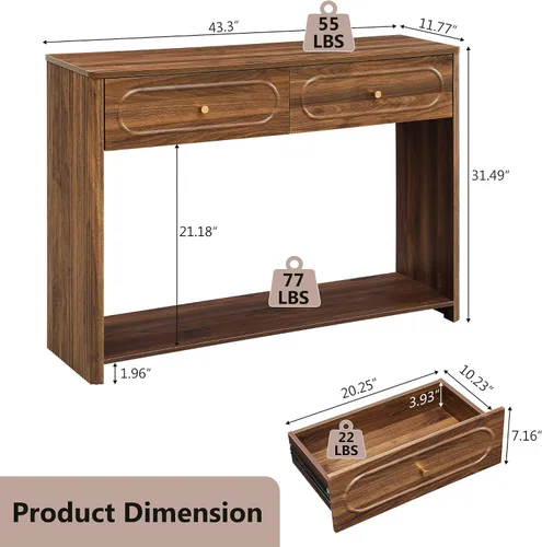 Miniatura 2 de ORRD Mesa consola acanalada con cajones, mesa de entrada estrecha de mediados de siglo con estantes de almacenamiento abiertos, mesas decorativas