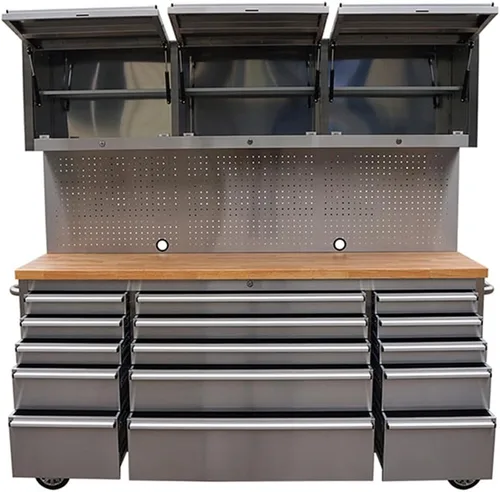 Miniatura 4 de AnorTrek Caja de herramientas de 72 pulgadas con 15 cajones con gabinete superior de 3 y tablero de clavijas en acero inoxidable (Acero inoxidable)