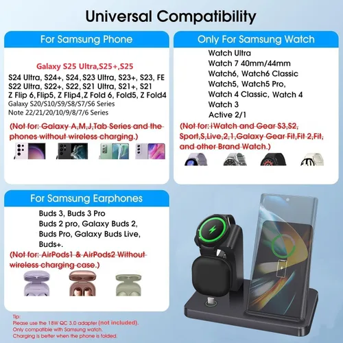 Miniatura 4 de Cargador inalámbrico para Samsung, estación de carga inalámbrica 3 en 1 para Samsung Galaxy S25/S24/S23/Z plegable/abatible, cargador rápido