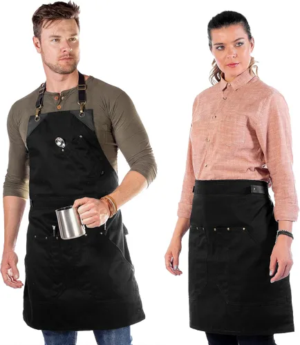 Under NY Sky Delantal de barista, correas de cuero negro y refuerzo, bolsillos remachados, doble costura, lazo de anillo de cuero, sarga negra