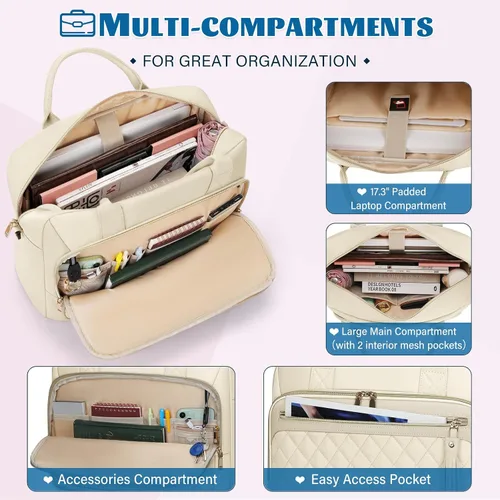 Miniatura 3 de RAINSMORE Bolsa para laptop de 17.3 pulgadas para mujer, impermeable, bolsa de hombro grande para computadora portátil, para trabajo, negocios, Beige