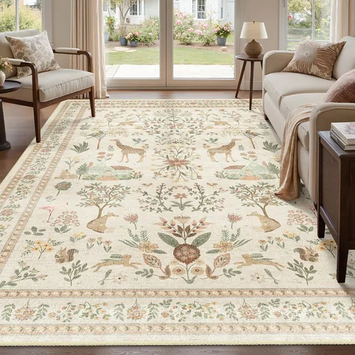 Miniatura 22 de Alfombra de área de 5 x 7 pies para sala de estar, alfombra verde boho antideslizante lavable, alfombra vintage de pelo bajo, alfombra grande