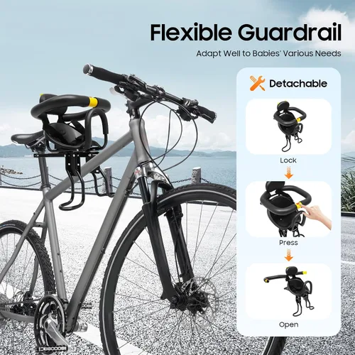 Miniatura 6 de Front Mounted Kids Bike Seat, Detachable Guardrail & Foot Pedals, Child Bicycle Seat for 1-5 Years, Toddler Safety MTB Bike Seat Compatible with