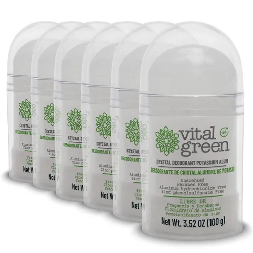 Vital Green Thai Crystal Potassium Alum Desodorante – Desodorante mineral sin perfume para hombres, mujeres y atletas, 3.53 oz / 100 g (6 unidades)