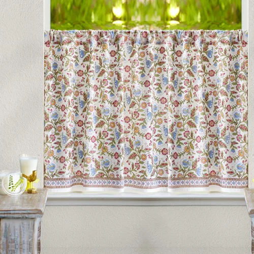 Miniatura 11 de Saffron Marigold Cortinas de Algodón de Media Cocina para Ventanas Pequeñas, Baño y Café Estampadas a Mano con Bloque Moonlit Taj - Diseño Bohemio