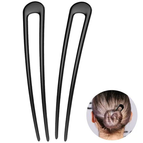 HYFEEL Horquillas francesas de metal para el cabello en forma de U, extra largas, 2 puntas para mujer, accesorios para el cabello (negro, 2 piezas)