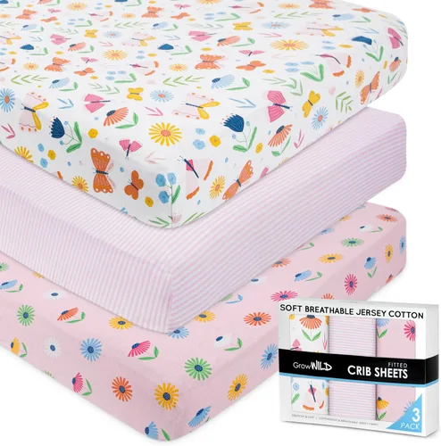 Miniatura 10 de GROW WILD Sábanas bajeras ajustables para cuna de unicornio y arcoíris para niña (paquete de 3), sábana bajera de algodón de jersey suave, colchón