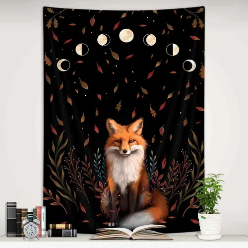 Miniatura 2 de Tapiz vertical estético de fase lunar de zorro, tapiz de tarot floral de bruja, para colgar en la pared para dormitorio, tapiz de hojas de arce