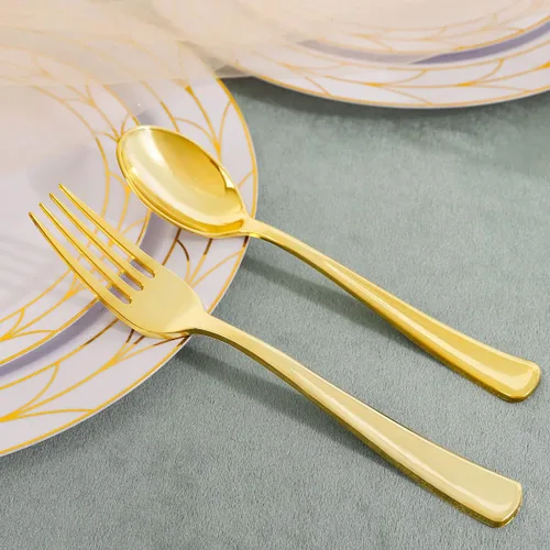 Miniatura 5 de COLOSUS El juego de 175 platos desechables de plástico dorado y cubiertos incluye platos llanos de plástico/plato de postre/cubiertos