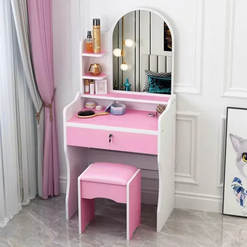 Miniatura 17 de QQXX Juego de tocador grande con espejo, tocador de maquillaje con estantes de almacenamiento y 4 cajones, taburete acolchado para dormitorio