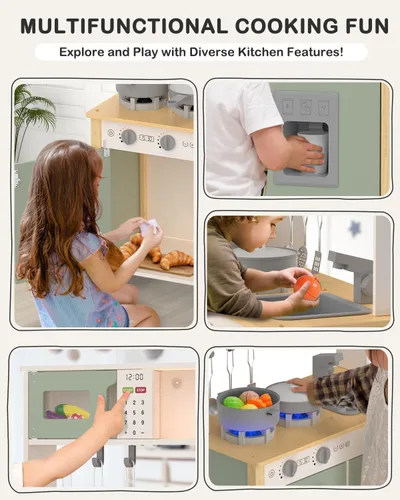 Miniatura 5 de Babytronic Cocina de juego para niños, juego de cocina de madera para niños a partir de 3 años con luces reales, sonidos, estufa, fregadero, horno