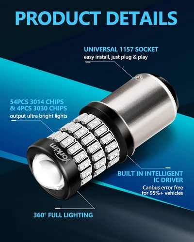Miniatura 3 de Yorkim Bombillas LED 1157 brillantes rojas, bombilla de freno 1157, 9-30 V, 1157 2057, 2357, 7528, BAY15D, bombilla LED con proyector de repuesto