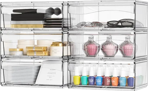 Paquete de 6 cajones de almacenamiento apilables transparentes, organizador de maquillaje de baño grande de 12 pulgadas de ancho y bolígrafo, lentes