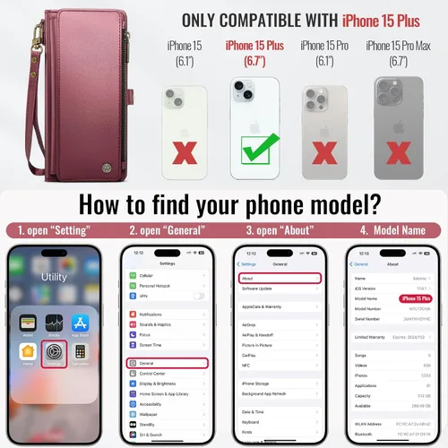 Miniatura 2 de Defencase Compatible con iPhone 15 Plus Funda Cartera con Tarjetero de Bloqueo RFID para Mujeres y Hombres, Cuero PU Cierre Magnético Plegable Rojo