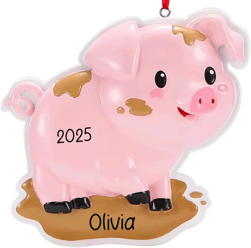 Adorno de Navidad personalizado de cerdo 2026 | Cerdito en el charco, animal de granja de granero, decoración de árbol de Navidad de cerdo y cerdo |