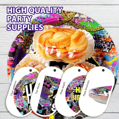Miniatura 5 de 96 piezas de suministros desechables para fiesta de los 90 de estilo casa, platos de papel y servilletas de fiesta de los 90 con grafiti retro