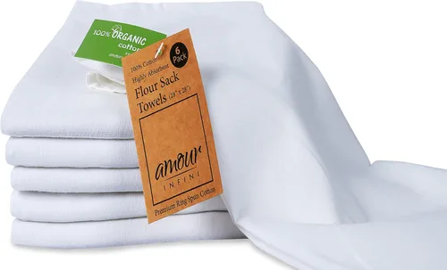 Miniatura 7 de AMOUR INFINI Paquete de 6 toallas de cocina de algodón orgánico para bordar y secar vidrio, vajilla sin pelusa, altamente absorbentes, color blanco