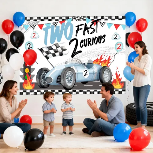 Miniatura 3 de Dos decoraciones de cumpleaños rápidas, fondo de fotos de auto de carreras para niños, decoración de segundo cumpleaños para niños, auto rojo, fondo