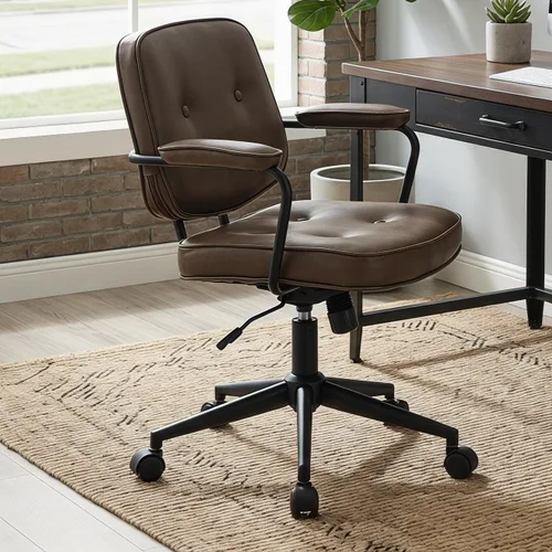 Miniatura 12 de LukeAlon Silla de escritorio ajustable de piel sintética, silla giratoria de 360° negra con reposabrazos, asiento grueso, botones y ruedas