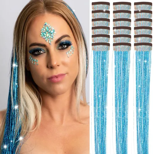 Miniatura 16 de Paquete de 12 extensiones de cabello de oropel con clip, 24 pulgadas, accesorios para el cabello de hada brillante para niñas y mujeres, fiesta