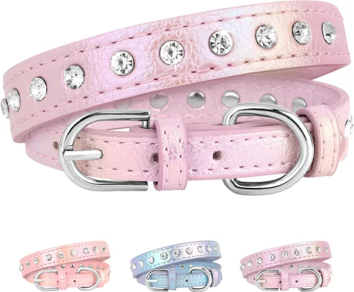 Miniatura 8 de Collar para perros Beirui con diamantes de imitación y tachonado de brillos, de cuero de poliuretano, para perros pequeños, medianos y gatos, lindo