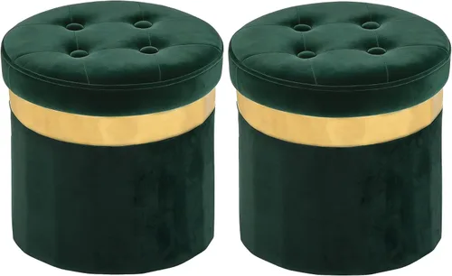 Miniatura 9 de Xuperbonus Otomana Pequeña con Almacenamiento, Otomana Redonda Plegable con Borde Dorado, Taburete de Almacenamiento de Terciopelo, Taburete