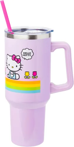 Silver Buffalo - Vaso de acero inoxidable Sanrio Hello Kitty con flores de primavera y verano y rayas arcoíris, con asa y popote, compatible con