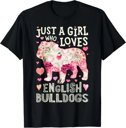 Camiseta floral de Bulldog English Just A Girl Who Loves Dog Flower, Negro, S