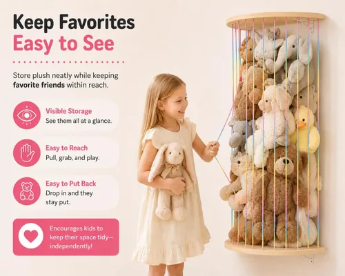 Miniatura 2 de Hamaca de almacenamiento de animales de peluche, diseño de medio círculo de madera, organizador de juguetes de felpa para decoración de habitación