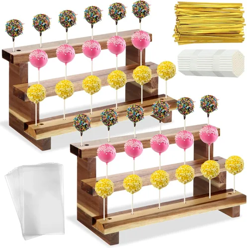 Tuanse Paquete de 2 soportes de madera para tartas de 3 niveles con 100 bolsas de golosinas, palitos y lazos dorados para mesa de postres, bodas,