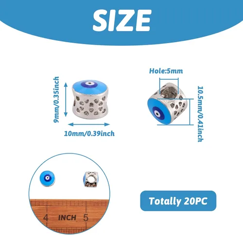 Miniatura 6 de Pandahall - 20 cuentas europeas de esmalte de latón de barril de 0.394 x 0.472 in, color azul cielo claro, espaciadores de agujeros grandes, cuentas