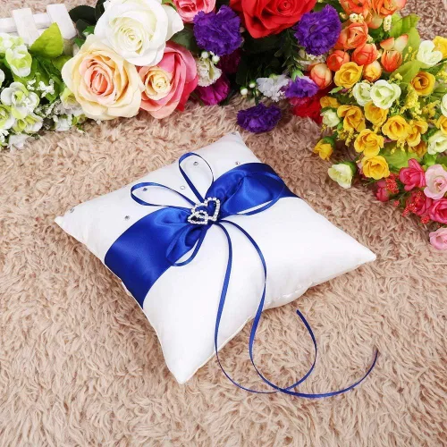 Miniatura 5 de Tyenaza Almohada portadora de anillo, almohada de anillo de boda de 7.8 pulgadas, soporte para anillo azul real, cojín de doble corazón