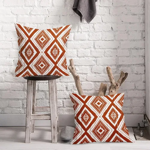 Miniatura 2 de Juego de 2 fundas de almohada geométricas de color naranja quemado de 18 x 18 pulgadas con diamantes Ikat de color marfil óxido, estilo bohemio